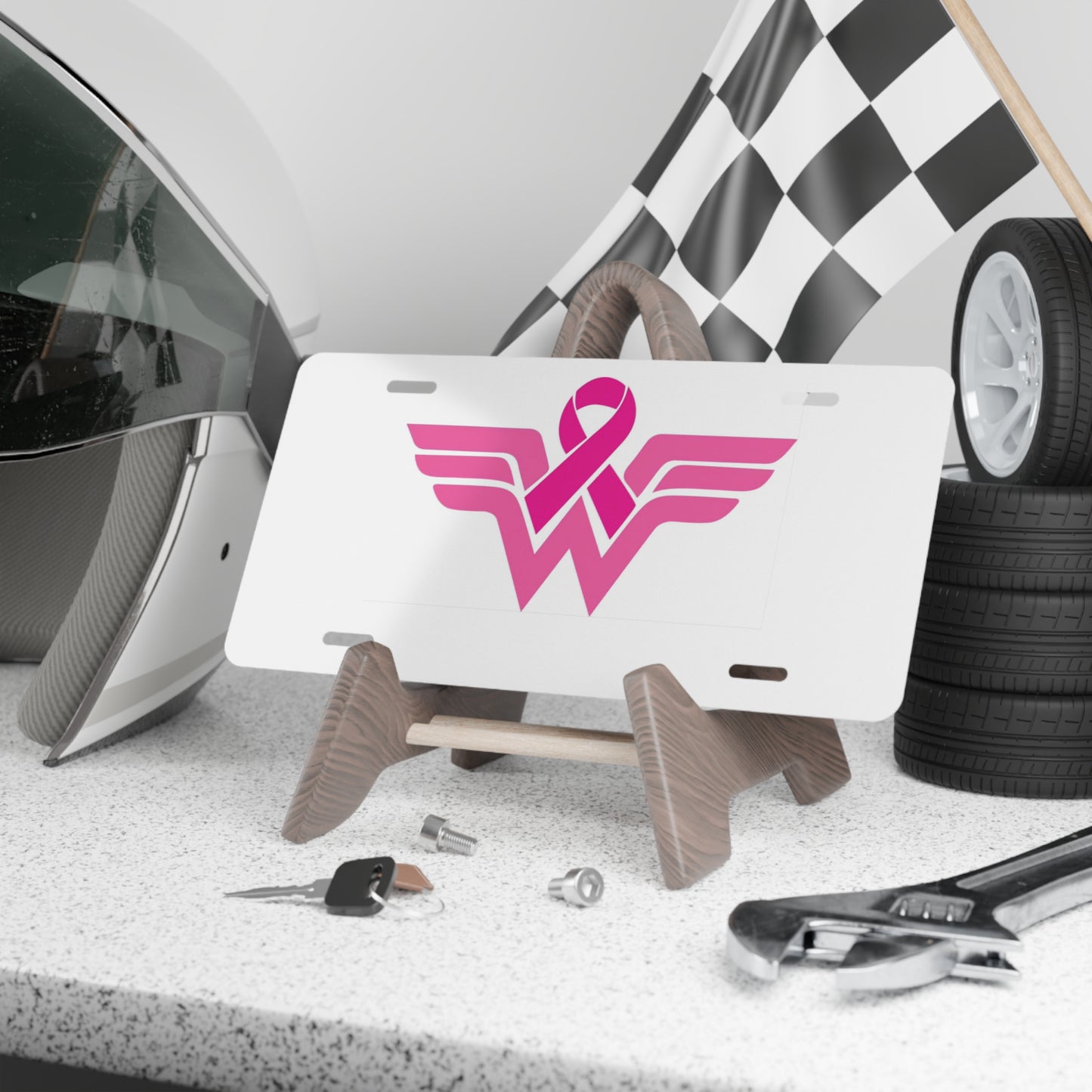 Pink Ribbon Wonder Woman Front Vanity License Plate Cancer Awareness