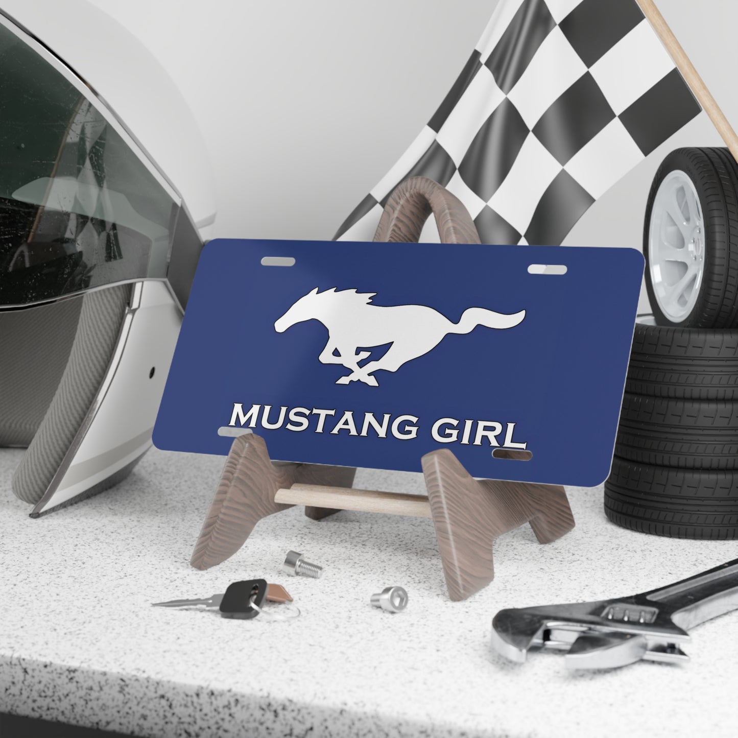 Vanity License Plate, Ford Mustang Girl, Blue Car and Wall Decor