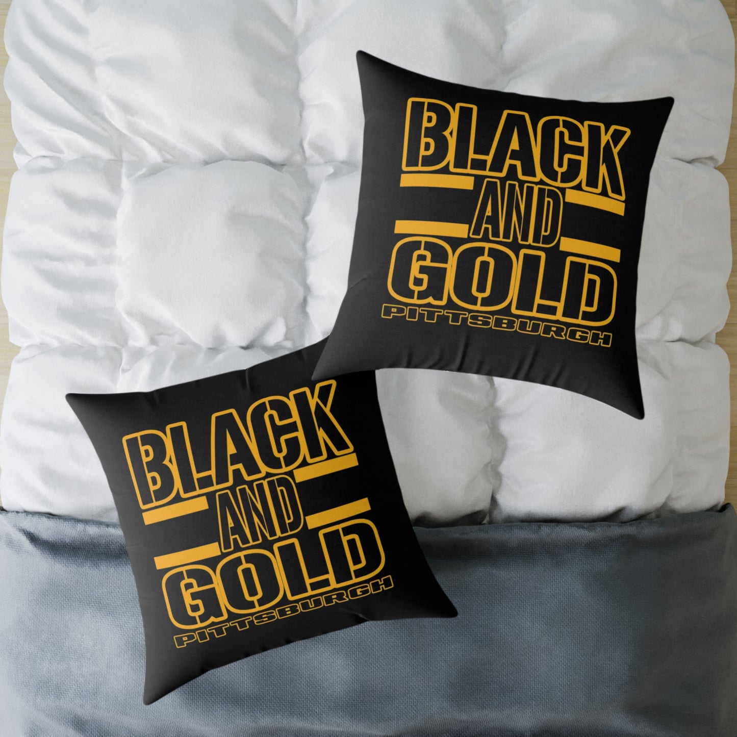 Pittsburgh Black and Gold Square Pillow Cover — Bold Typography Accent Cushion for Home & Game Day
