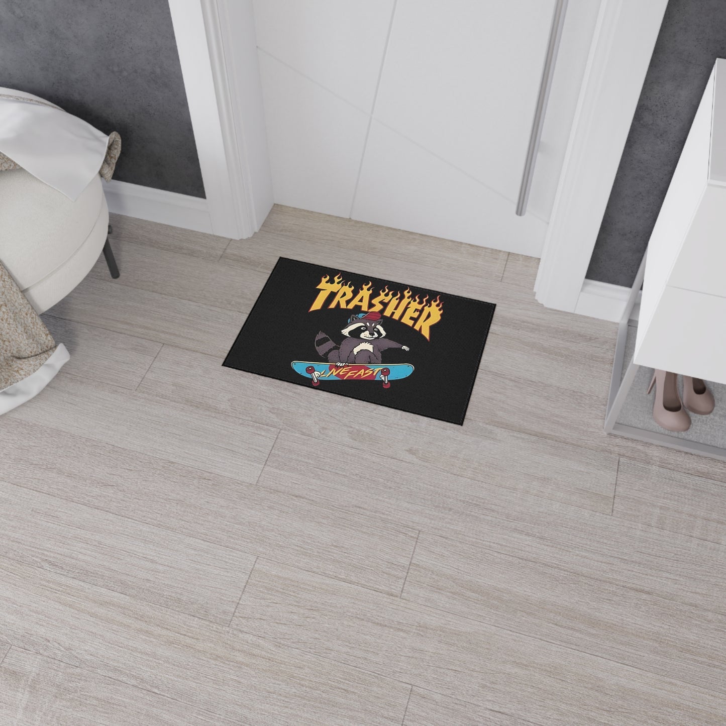 Skate Raccoon 'Trasher' Heavy Duty Floor Mat, Live Fast Skateboard Entrance Rug