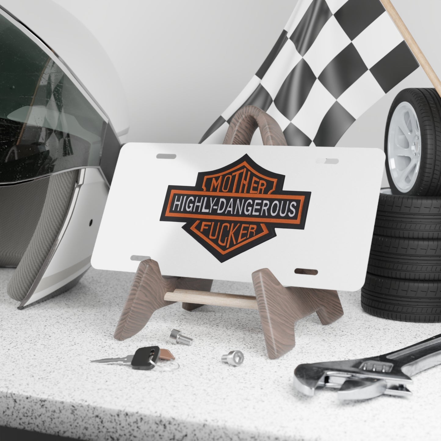 Highly Dangerous Mother Front License Plate, Motorcycle Logo Custom Design