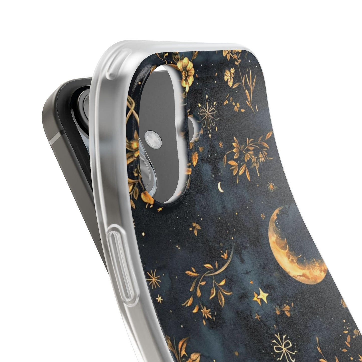 Moon And Flowers On Navy TPU Flexi Cases For iPhones and Samsung Galaxy