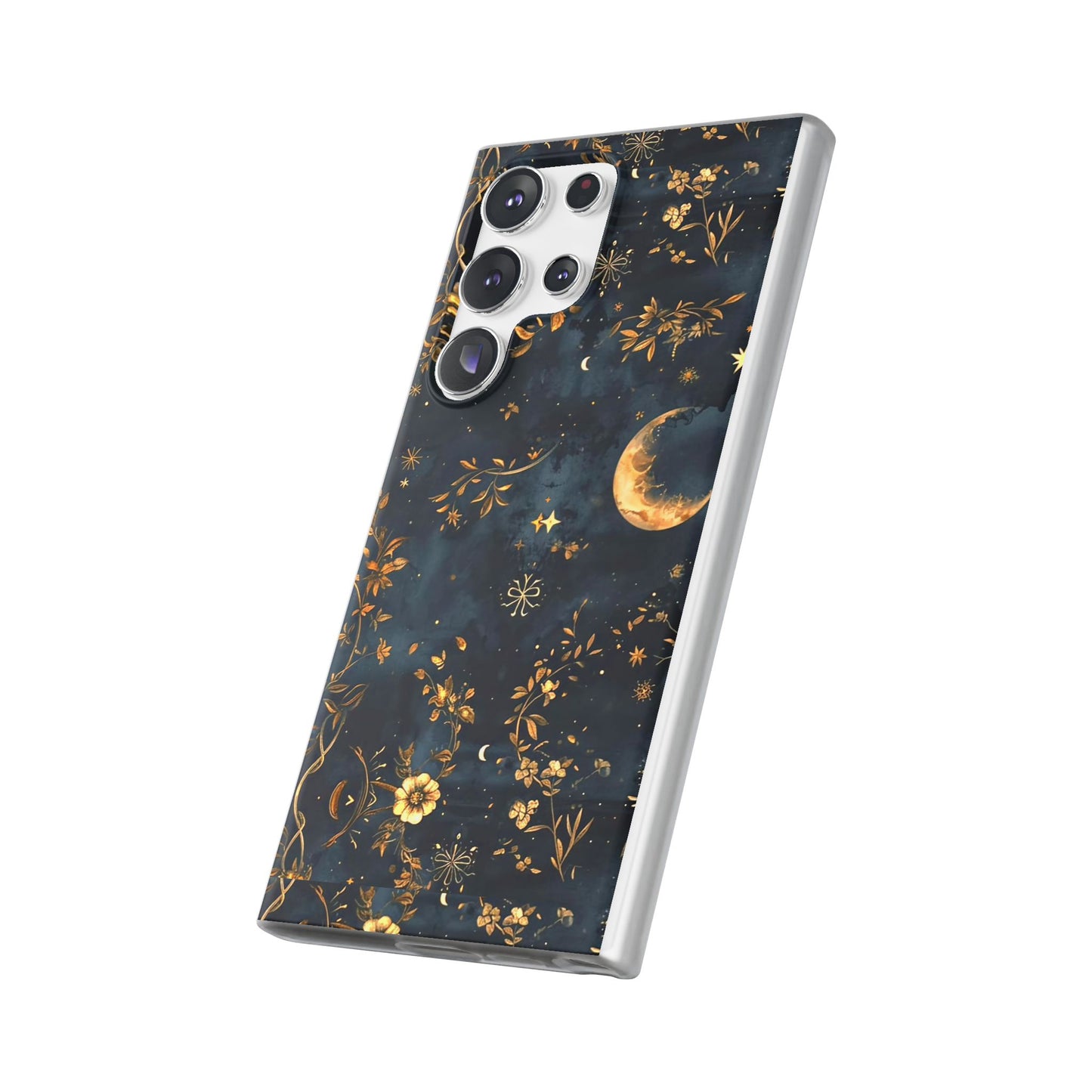 Moon And Flowers On Navy TPU Flexi Cases For iPhones and Samsung Galaxy
