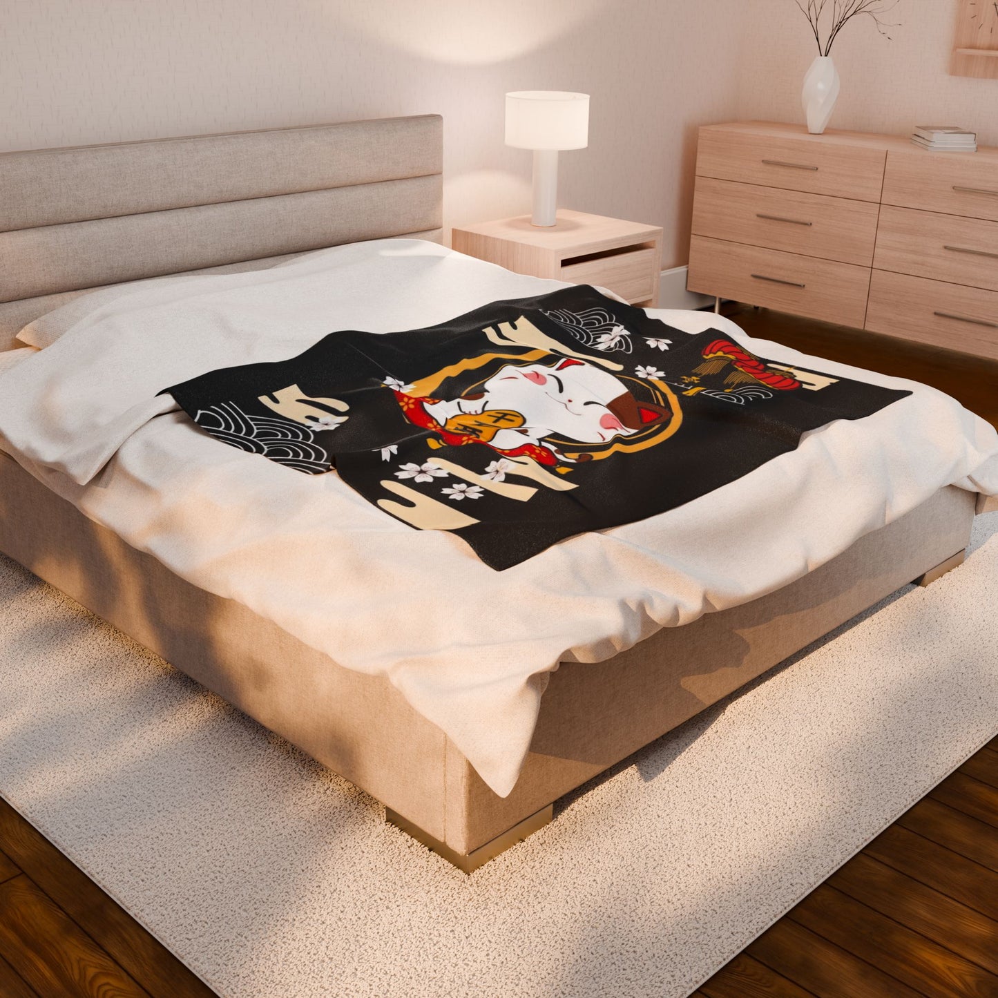 Lucky Cat-Themed Soft Velveteen Plush Blanket | JDM Drift Car Decor