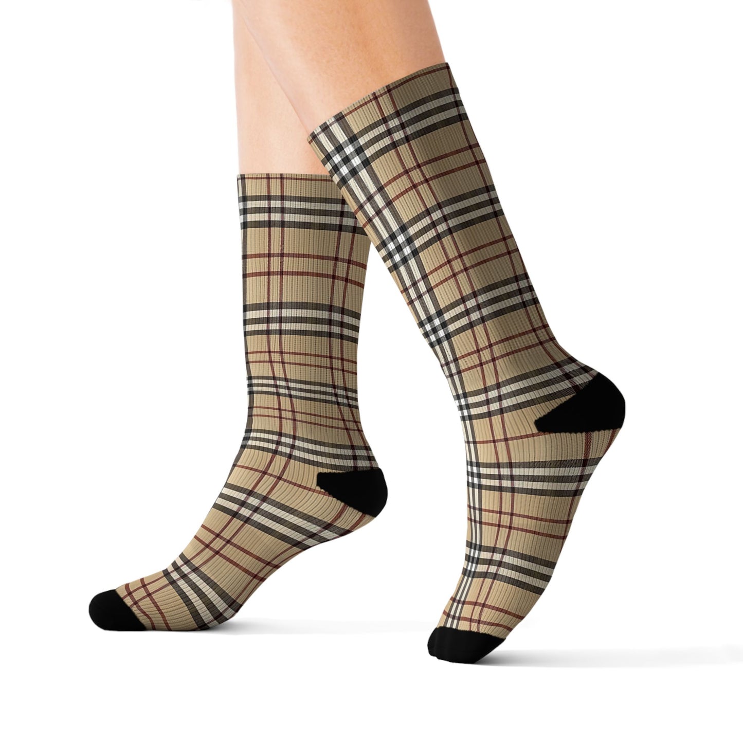 Beige Plaid Pattern Adult and Youth Sublimation Socks Checkered Print