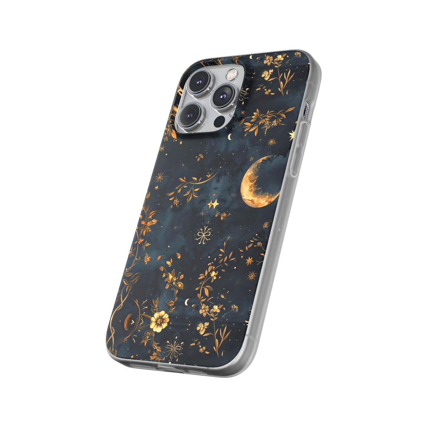 Moon And Flowers On Navy TPU Flexi Cases For iPhones and Samsung Galaxy