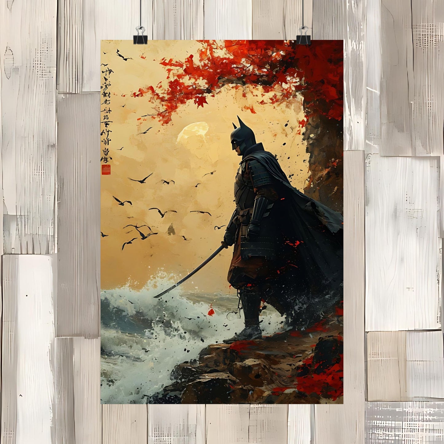 Japanese Painting Matte Vertical Posters Dark Night Samurai Great Wave Art