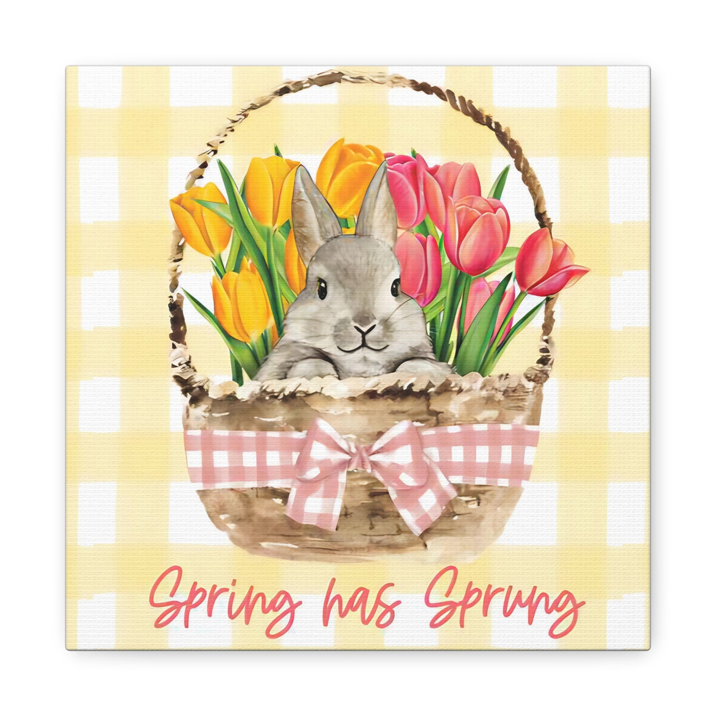 Spring Has Sprung Canvas Print, Yellow Plaid Pattern Bunny Print