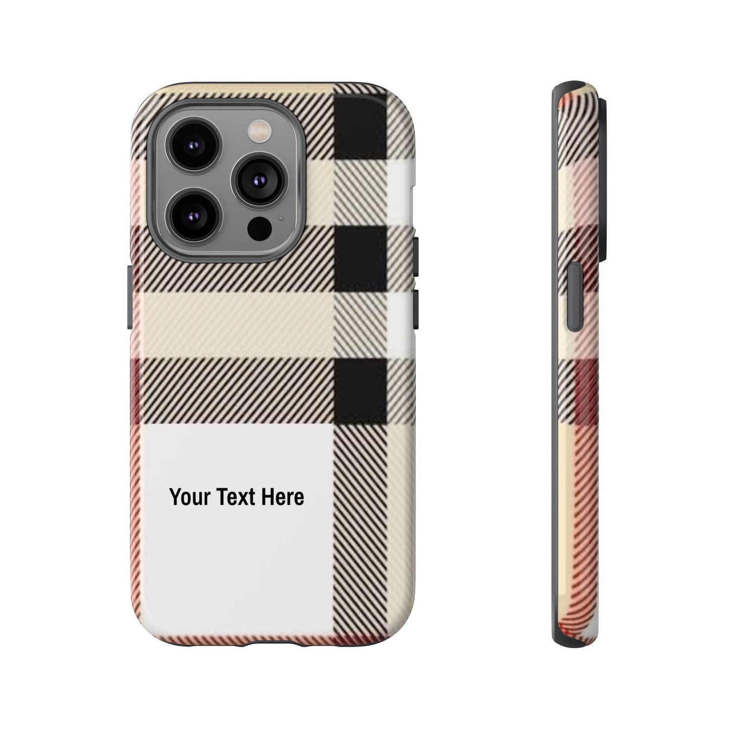 Beige Plaid Personalized Name/Initial Tough Cases For iPhones, Galaxy And Google Pixel