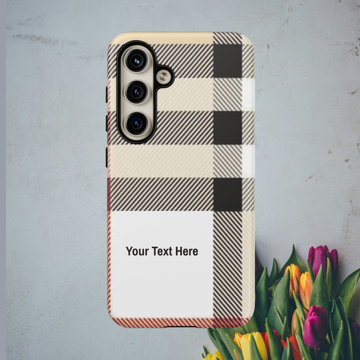 Beige Plaid Personalized Name/Initial Tough Cases For iPhones, Galaxy And Google Pixel