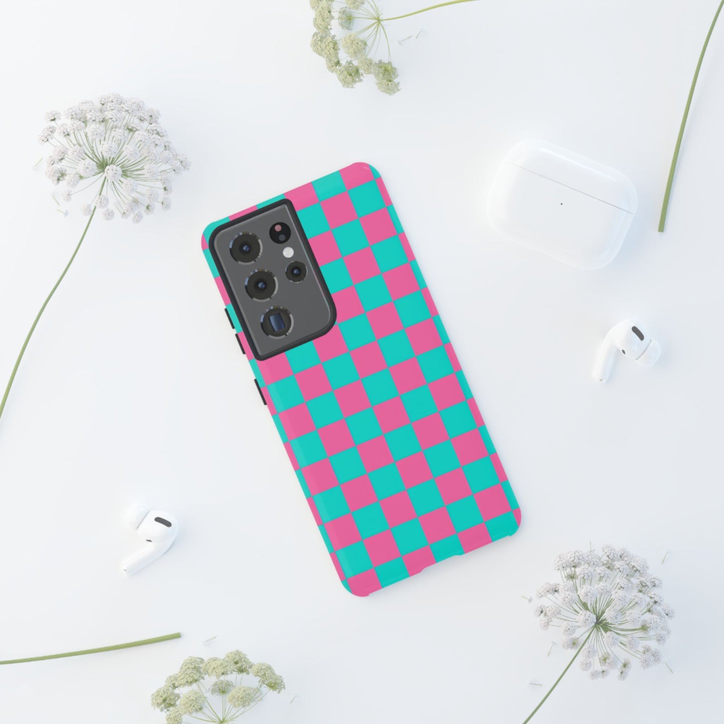 Hot Pink And Teal Checker Pattern Tough Case for iPhone, Galaxy Phones and Google Pixel
