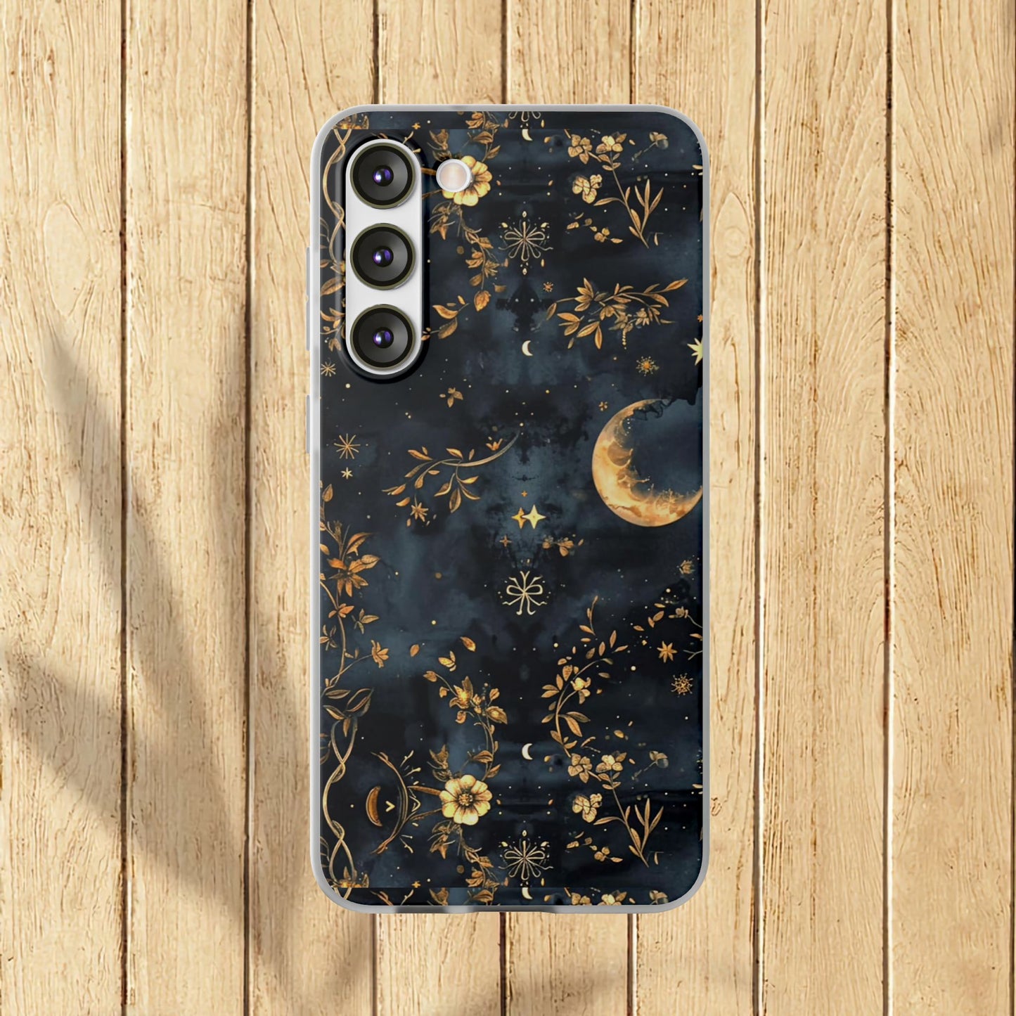 Moon And Flowers On Navy TPU Flexi Cases For iPhones and Samsung Galaxy
