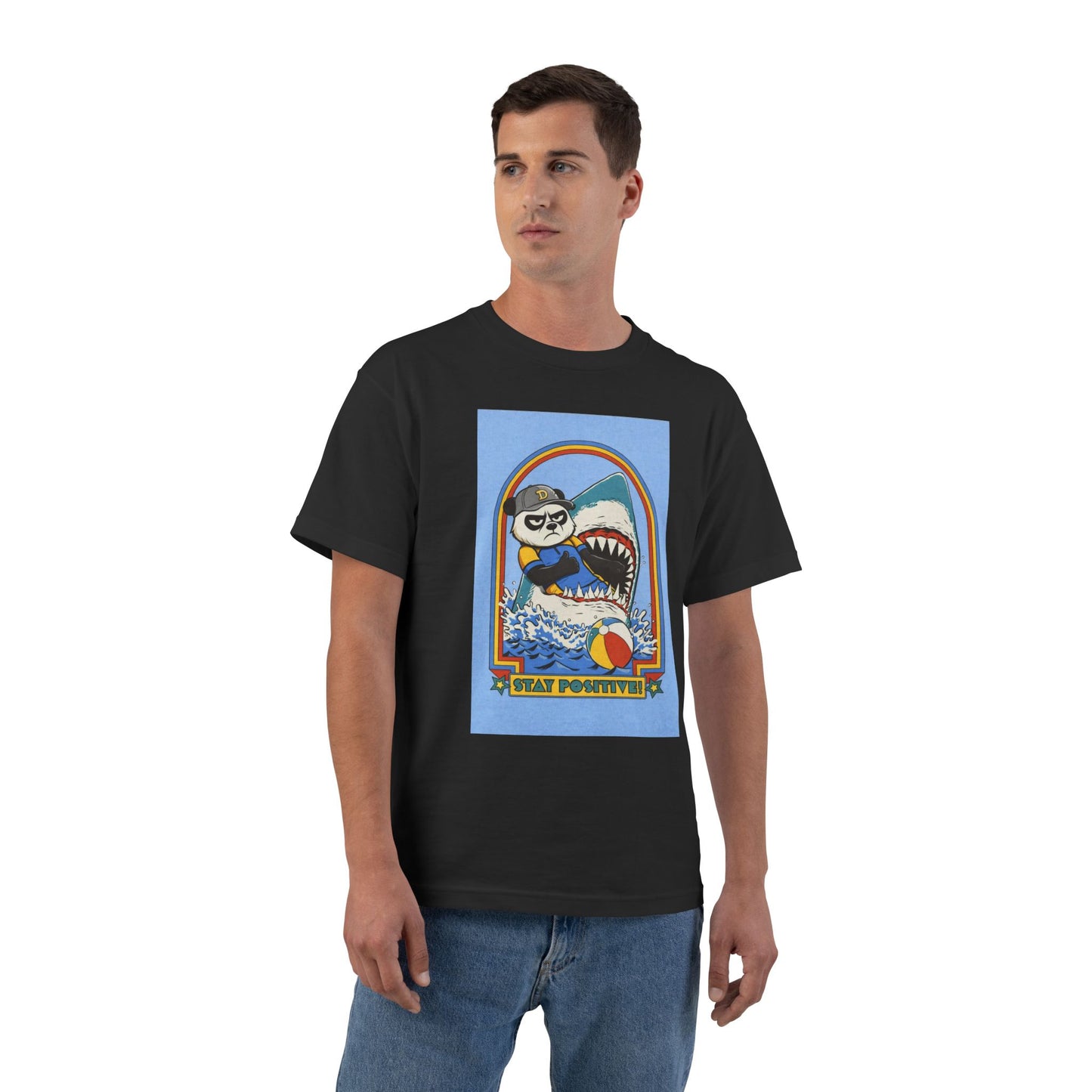 Stay Positive Bear & Shark, Surfer Cat Graphic T-Shirt | Retro Beach Vibes