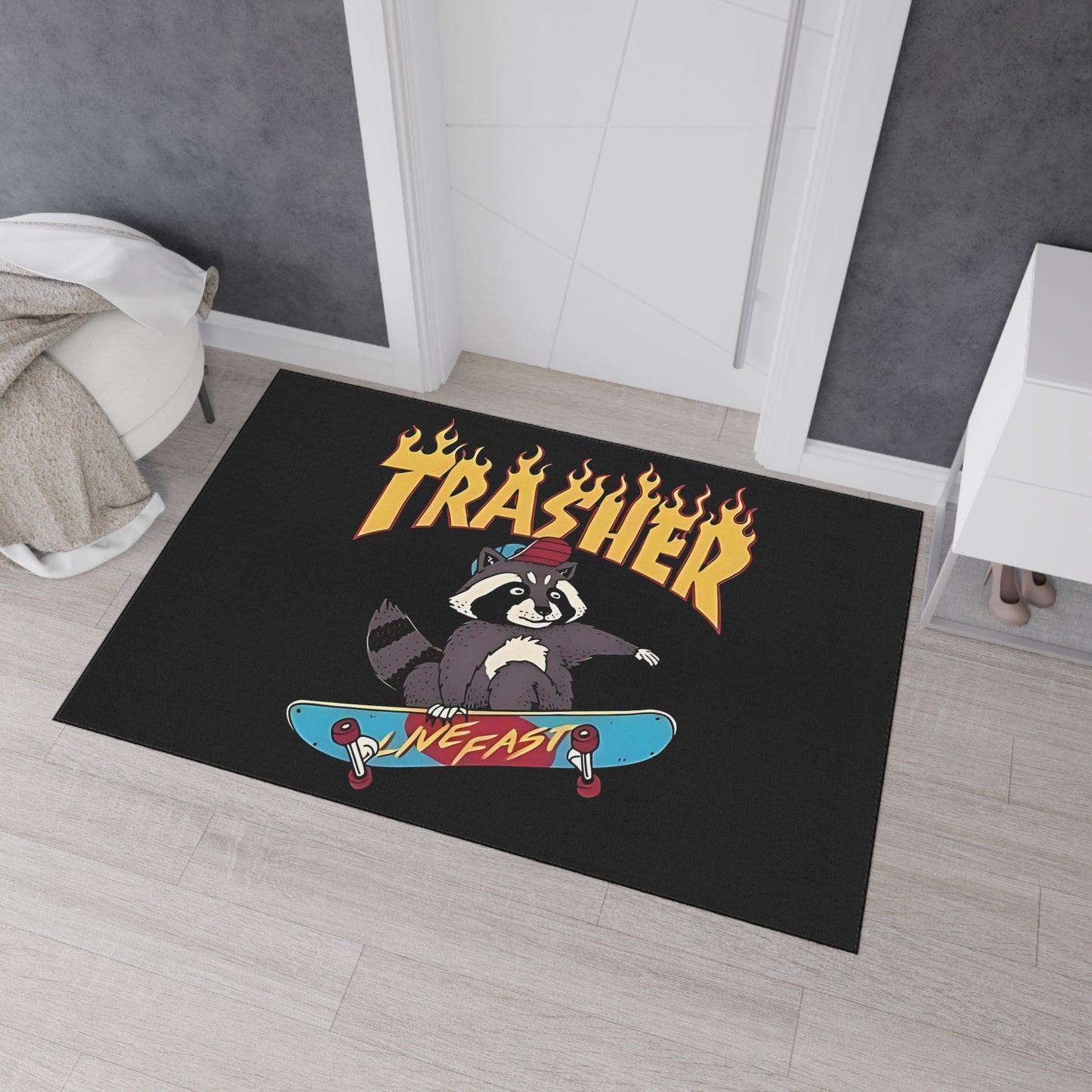 Skate Raccoon 'Trasher' Heavy Duty Floor Mat, Live Fast Skateboard Entrance Rug