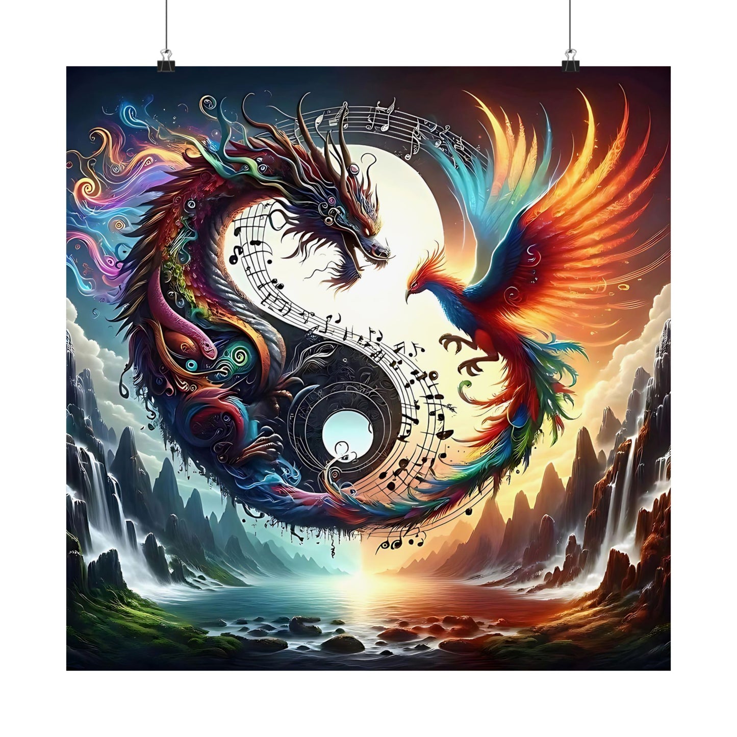 Dragon And Phoenix Ying And Yang Matte Vertical Posters Music Notes Design