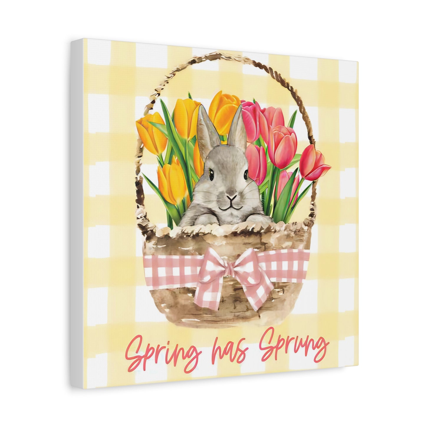 Spring Has Sprung Canvas Print, Yellow Plaid Pattern Bunny Print