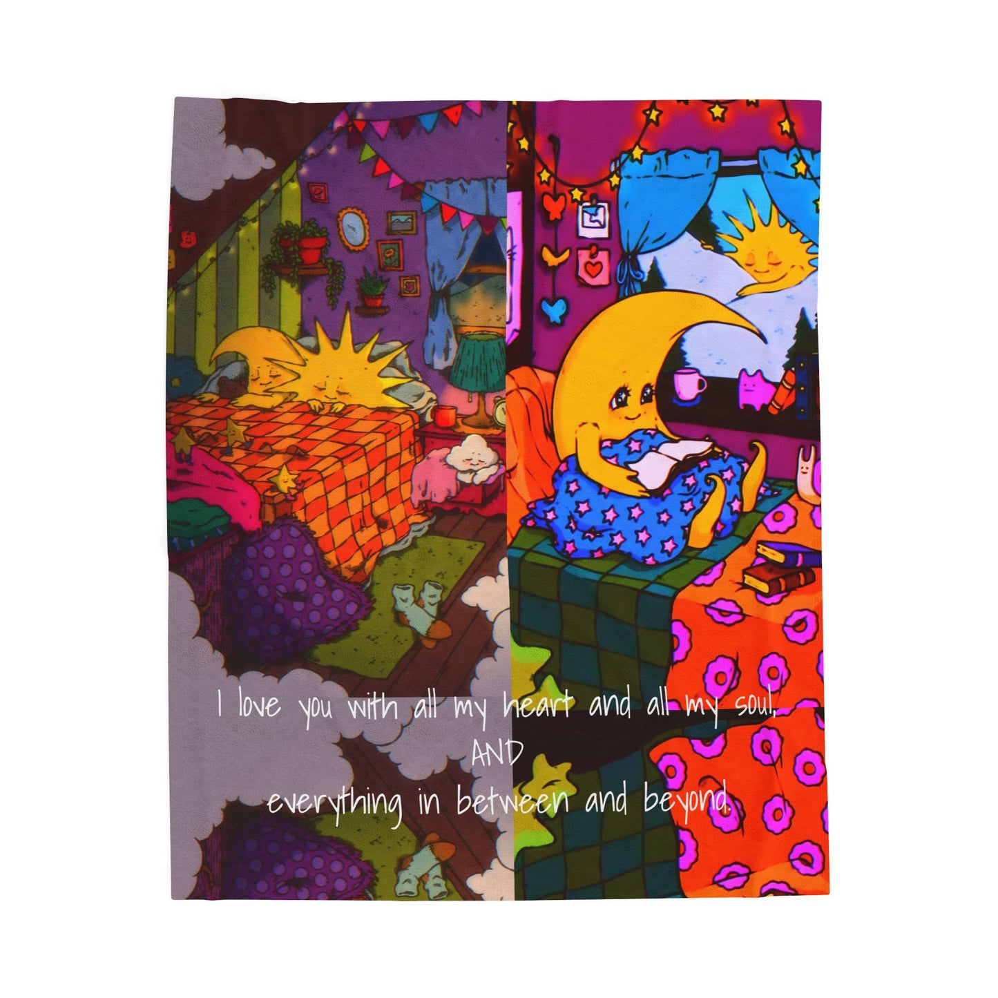 Sun & Moon Bedtime Illustration Velveteen Plush Blanket Kids Cozy Quote Throw