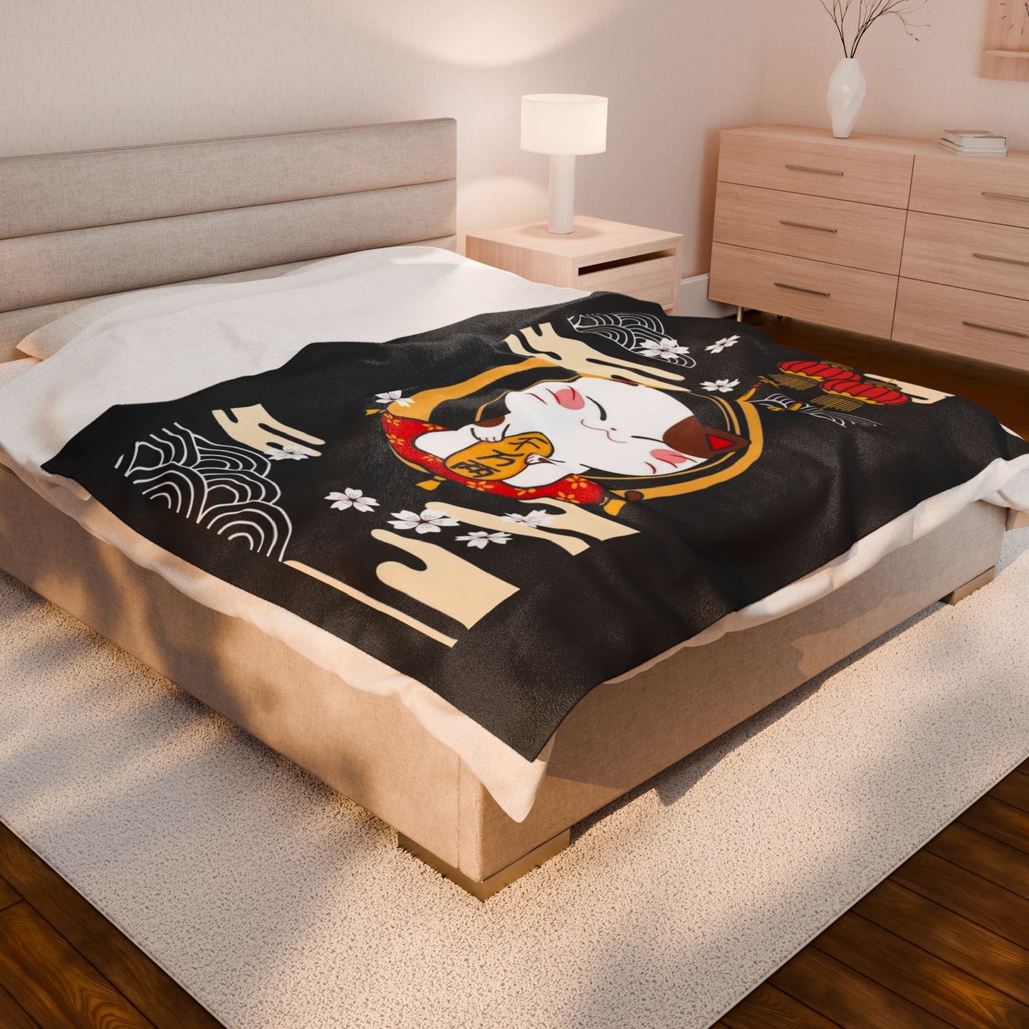 Lucky Cat-Themed Velveteen Plush Blanket, JDM Drift Car Decor, Gifts