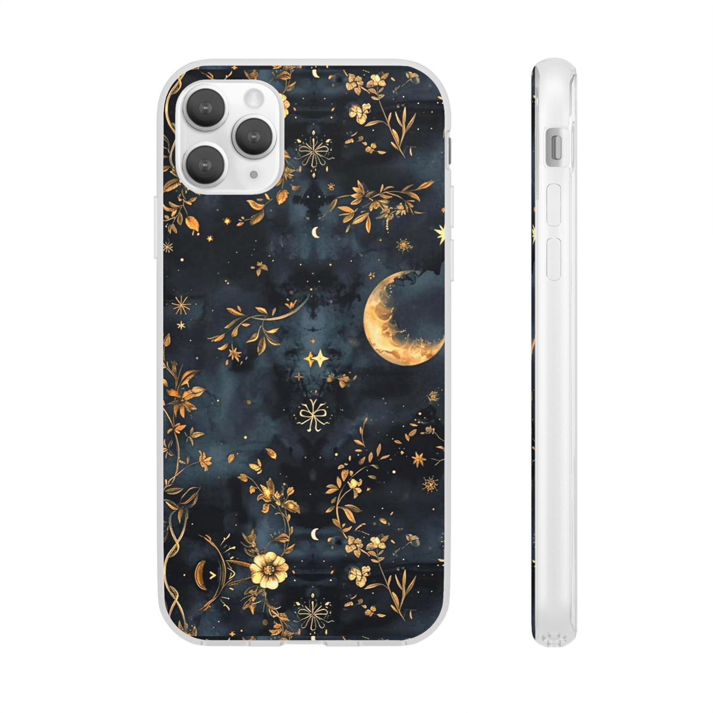 Moon And Flowers On Navy TPU Flexi Cases For iPhones and Samsung Galaxy