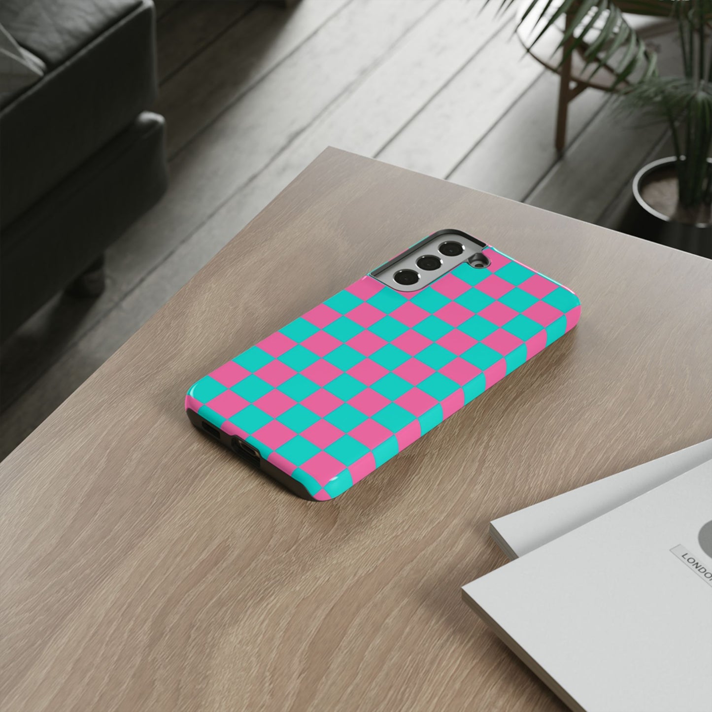 Hot Pink And Teal Checker Pattern Tough Case for iPhone, Galaxy Phones and Google Pixel