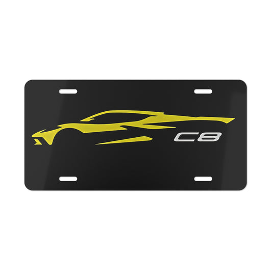 Yellow Corvette C8 Front Vanity License Show Plate, Car Decor and Metal Wall Art
