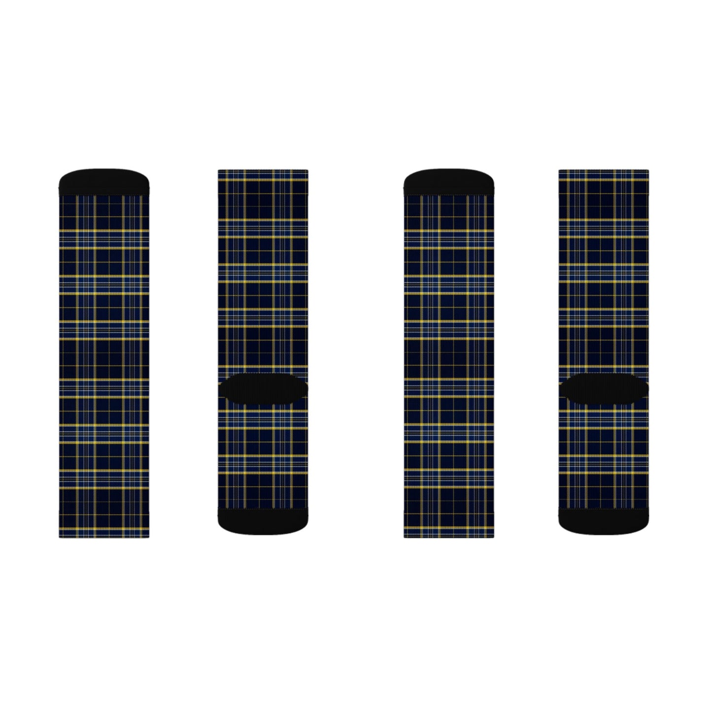 Navy Yellow Plaid Sublimation Socks | Tartan Pattern Crew Socks