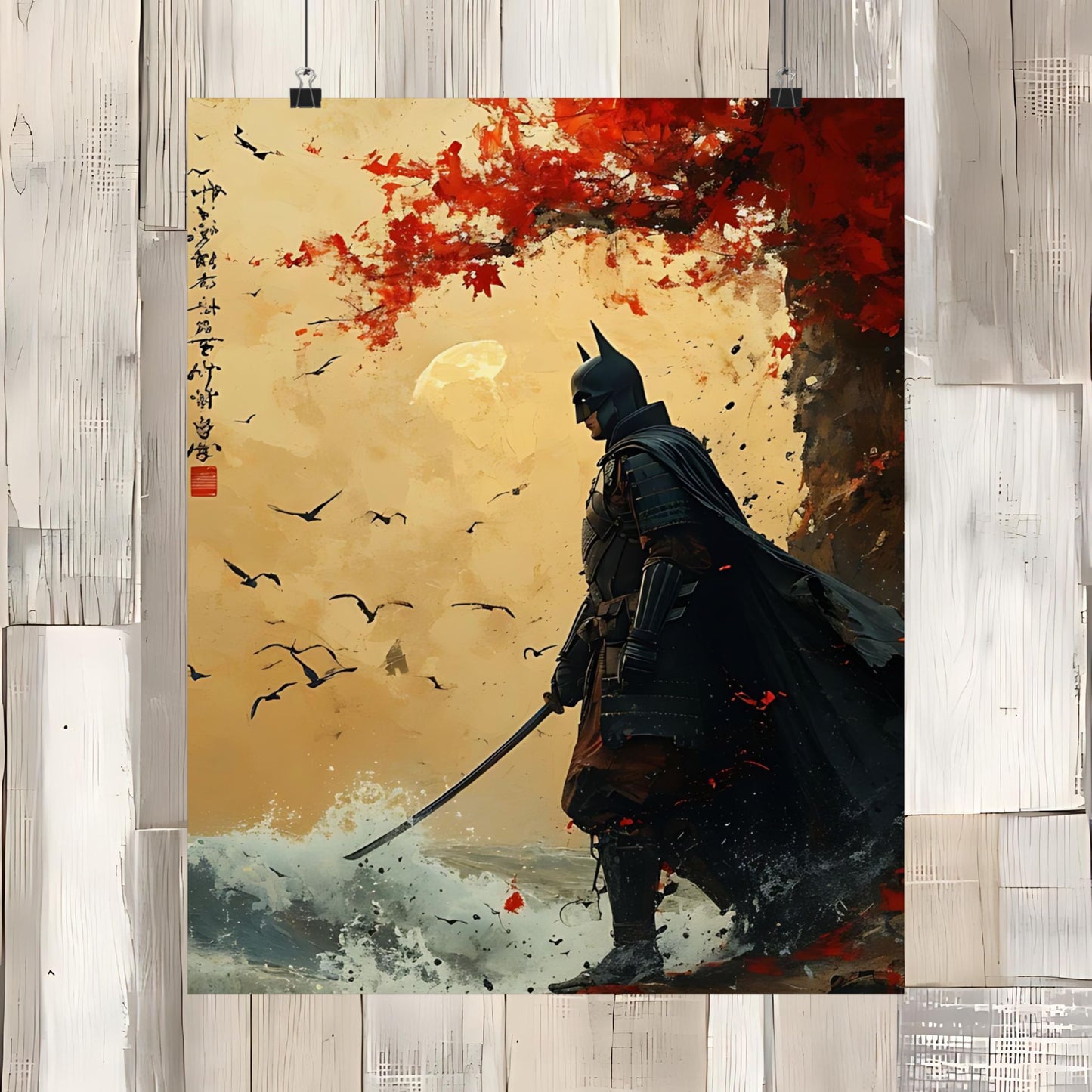 Japanese Painting Matte Vertical Posters Dark Night Samurai Great Wave Art