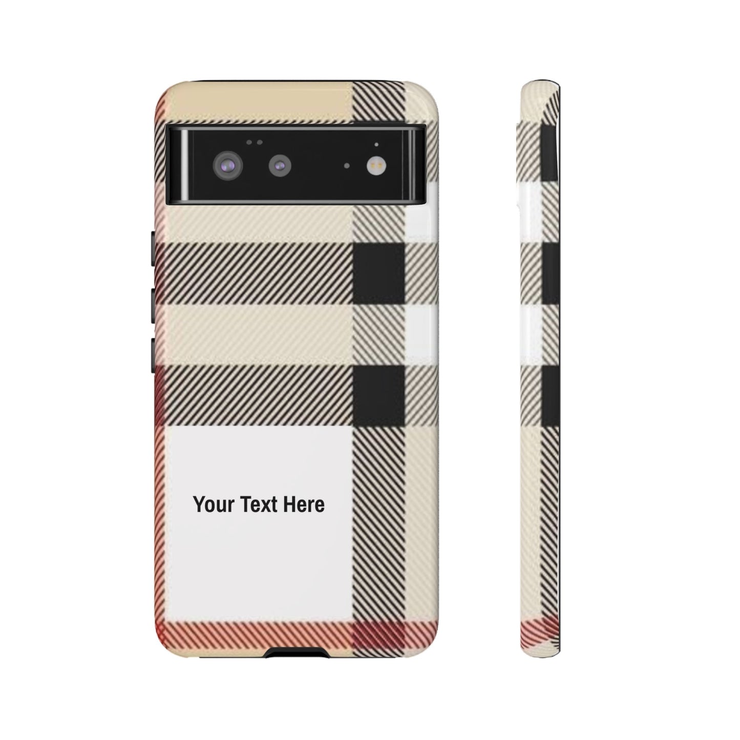 Beige Plaid Personalized Name/Initial Tough Cases For iPhones, Galaxy And Google Pixel