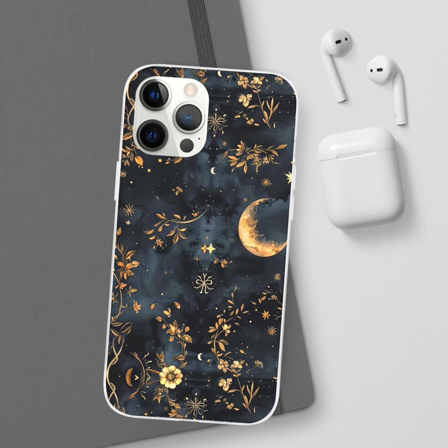 Moon And Flowers On Navy TPU Flexi Cases For iPhones and Samsung Galaxy
