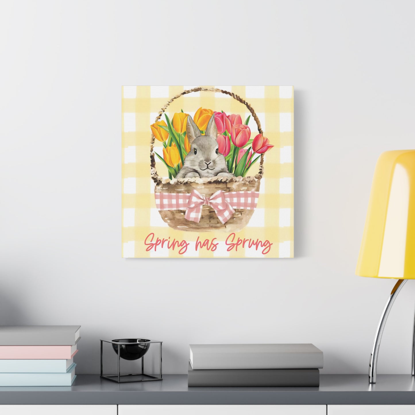 Spring Has Sprung Canvas Print, Yellow Plaid Pattern Bunny Print