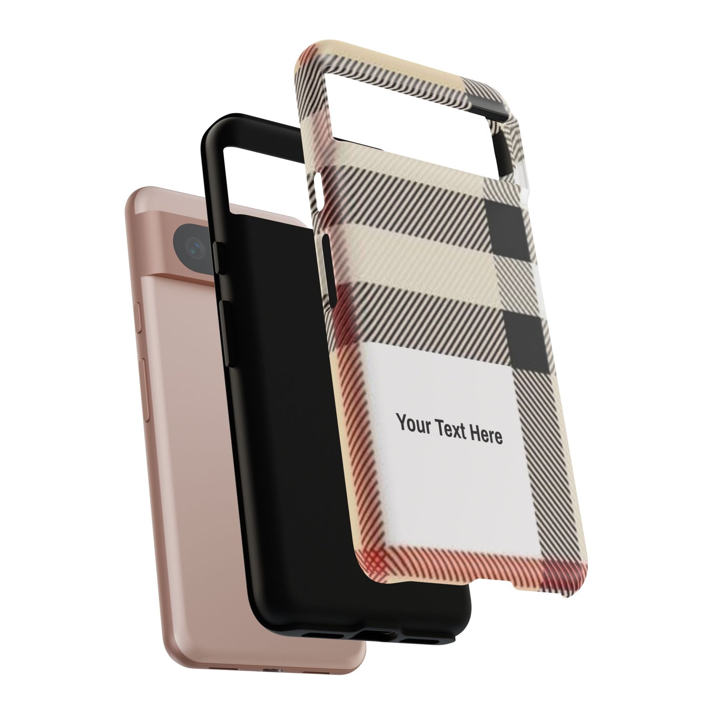 Beige Plaid Personalized Name/Initial Tough Cases For iPhones, Galaxy And Google Pixel