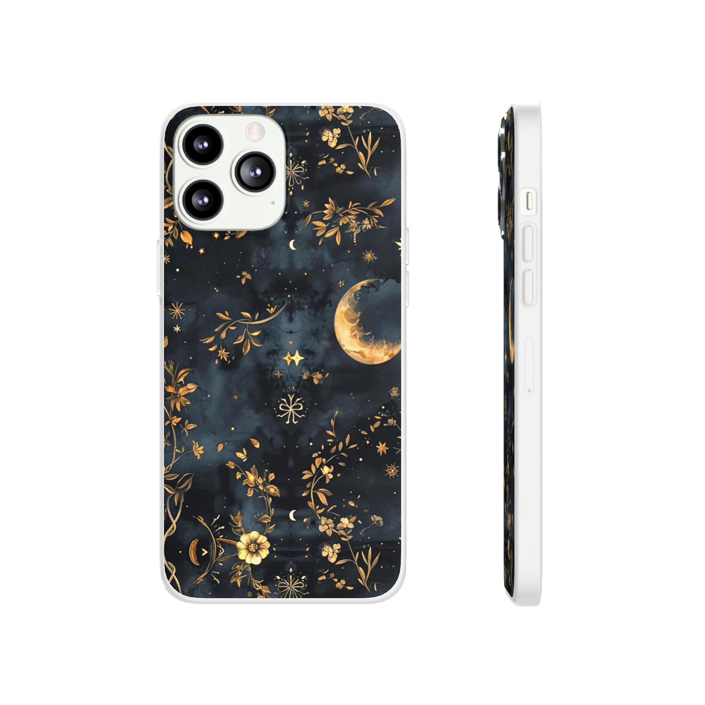 Moon And Flowers On Navy TPU Flexi Cases For iPhones and Samsung Galaxy