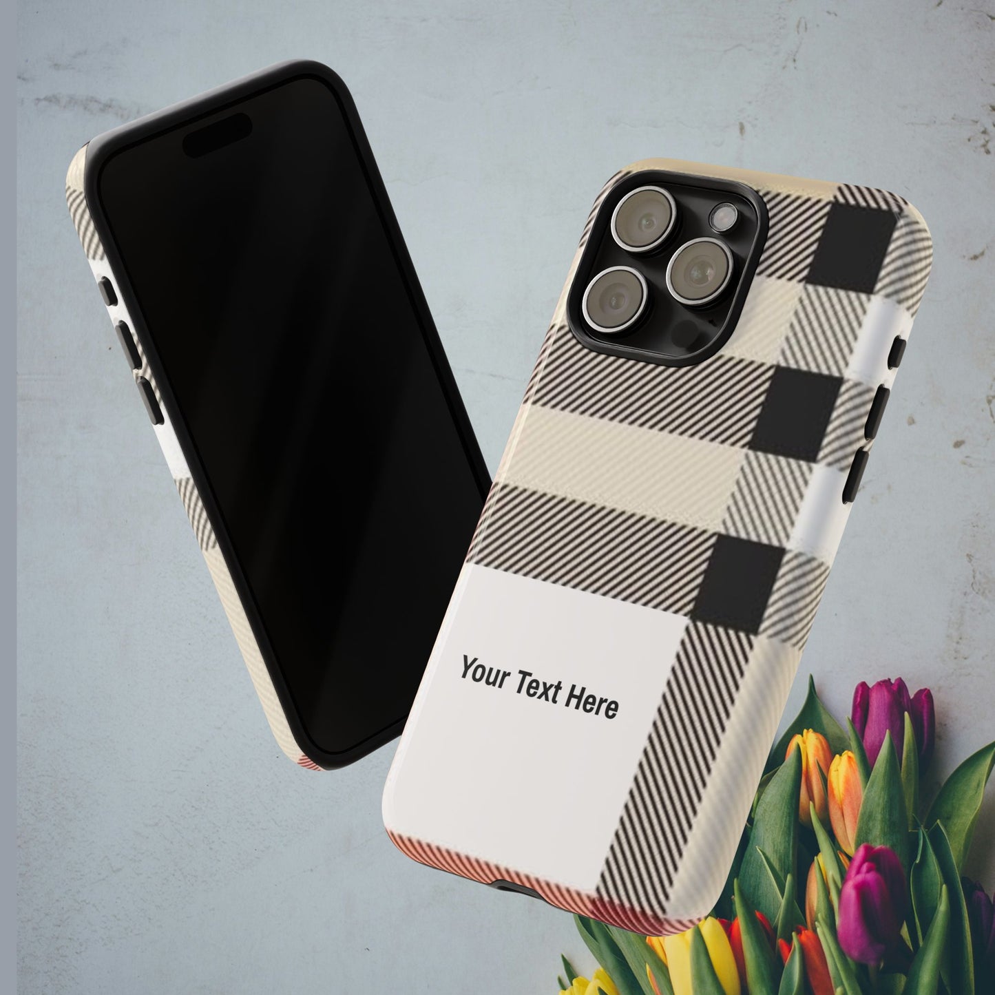 Beige Plaid Personalized Name/Initial Tough Cases For iPhones, Galaxy And Google Pixel