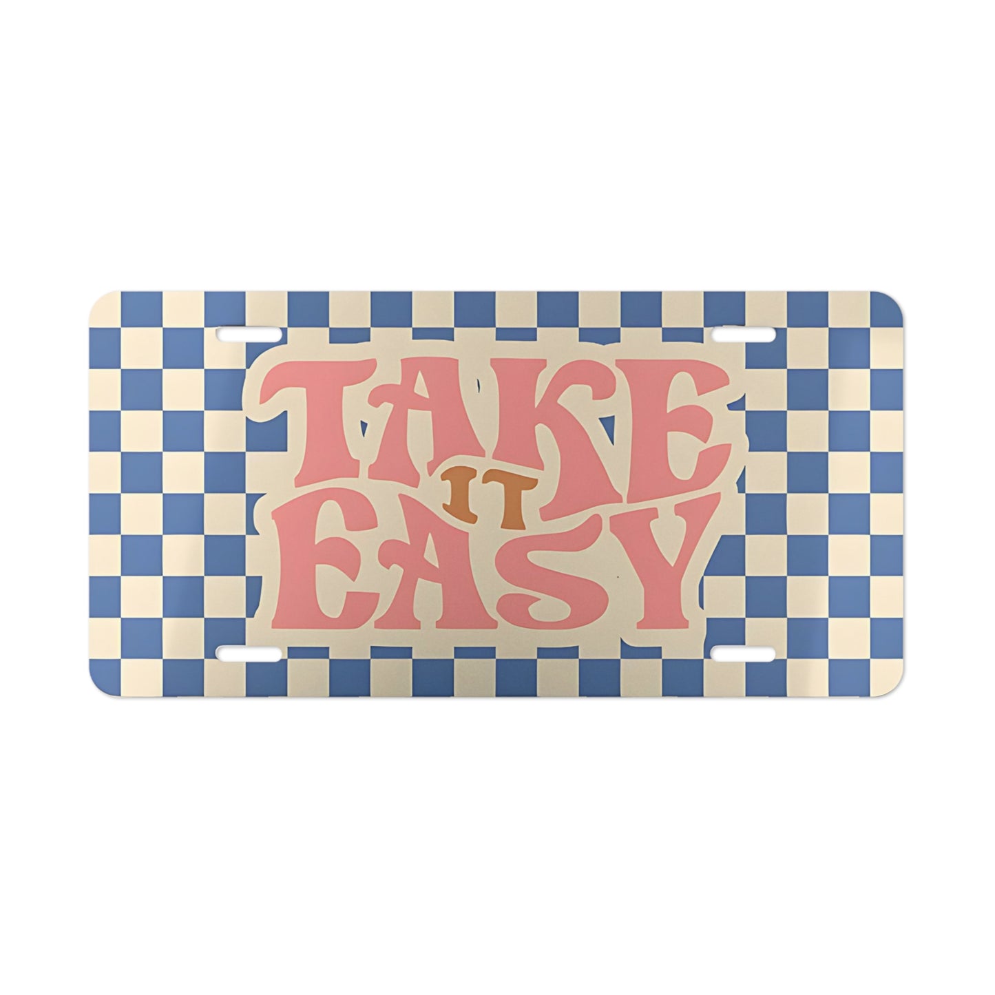 Blue Checkered "Take It Easy" Front Vanity License Plate, Custom Trendy Retro Design