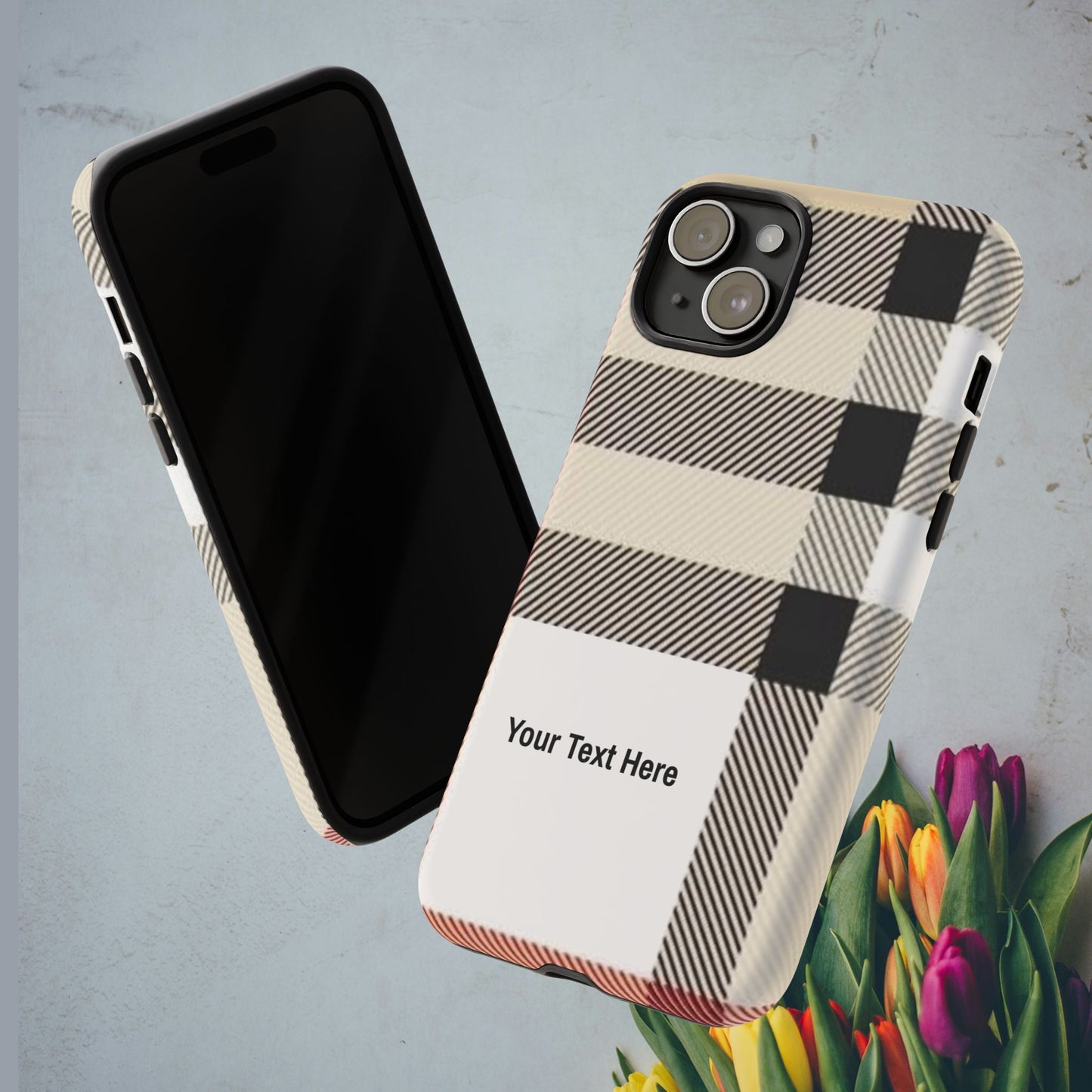 Beige Plaid Personalized Name/Initial Tough Cases For iPhones, Galaxy And Google Pixel