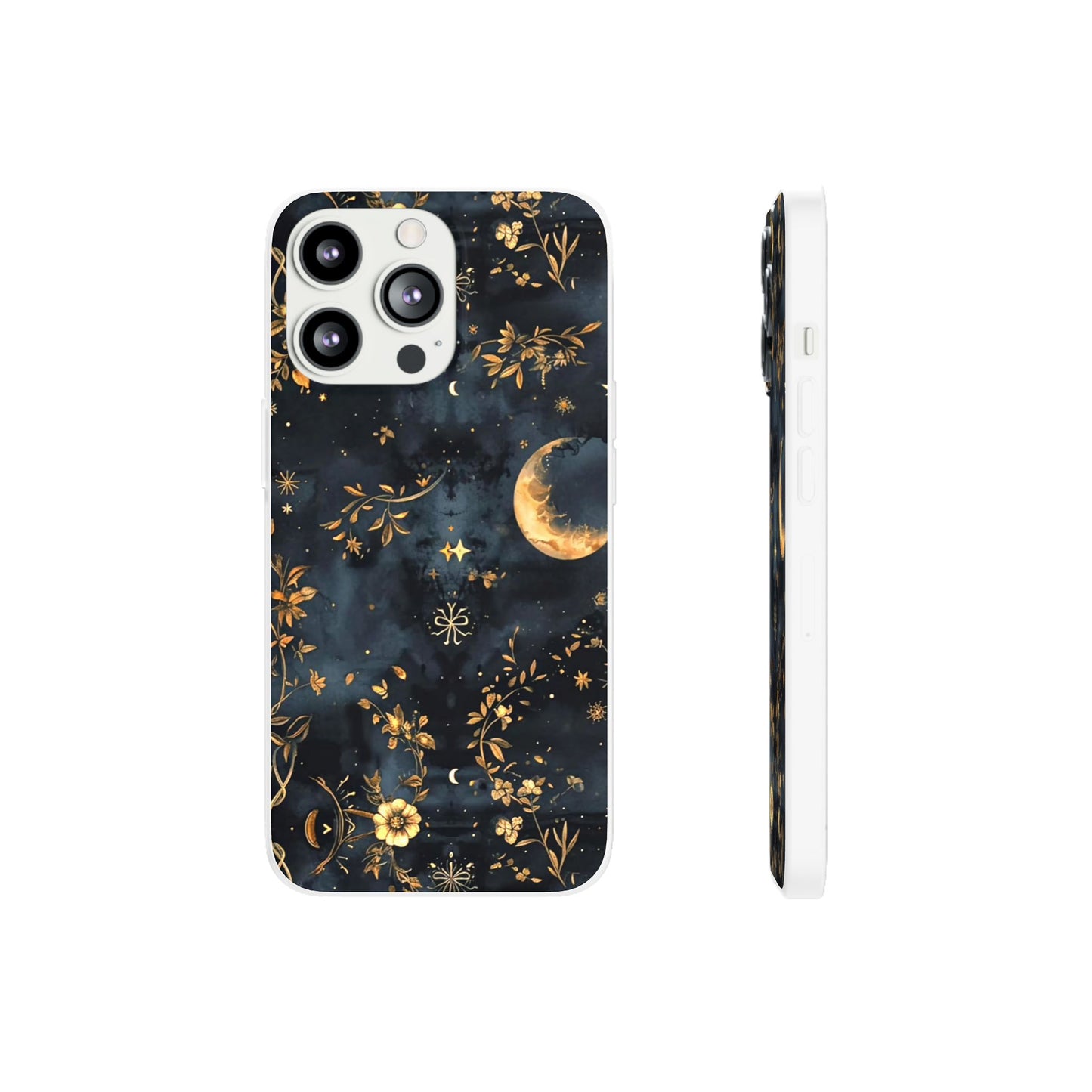 Moon And Flowers On Navy TPU Flexi Cases For iPhones and Samsung Galaxy