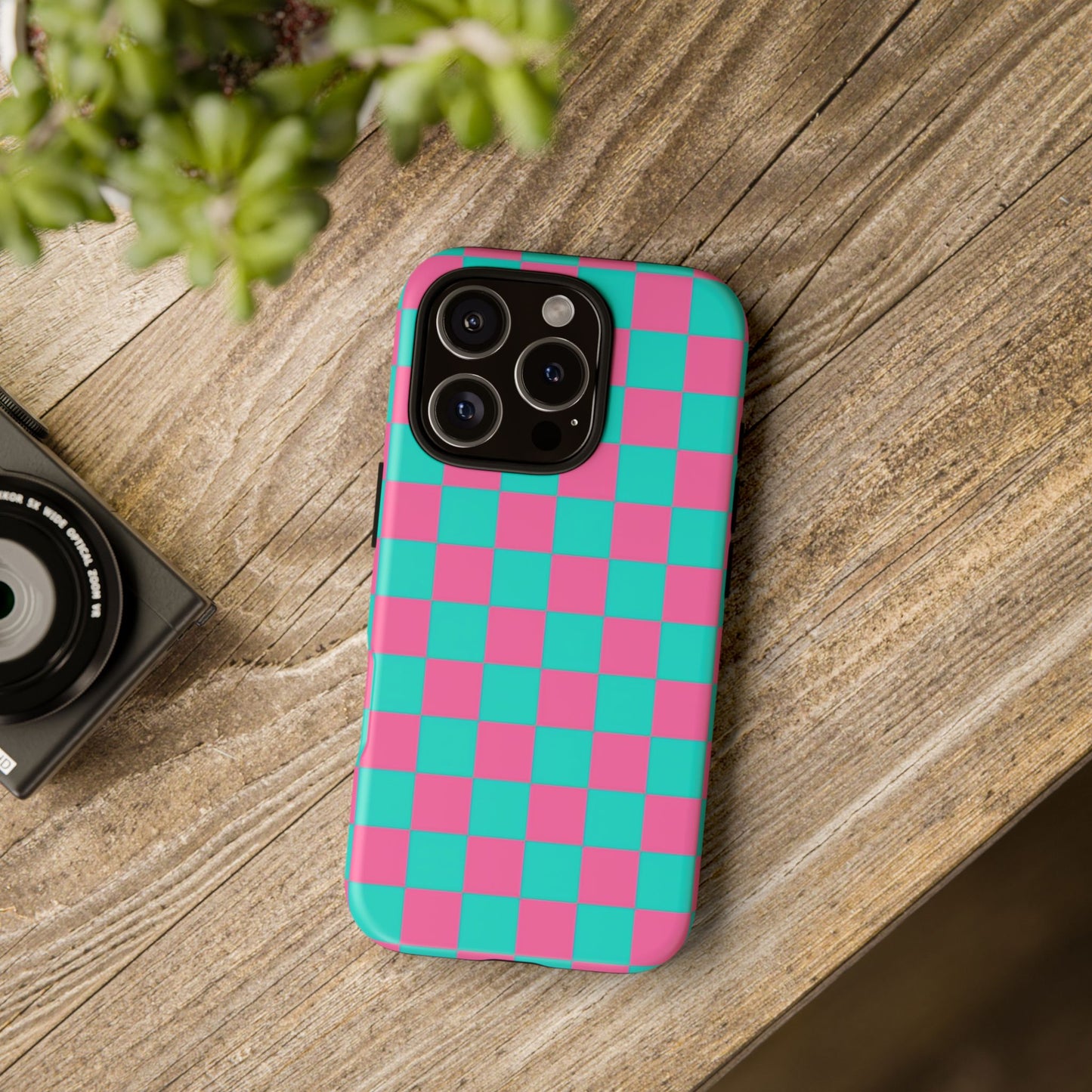 Hot Pink And Teal Checker Pattern Tough Case for iPhone, Galaxy Phones and Google Pixel