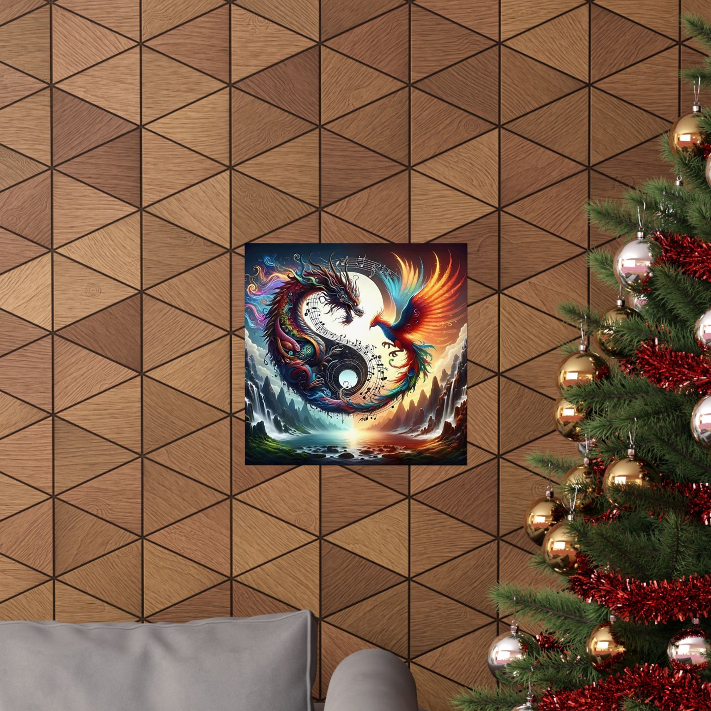Dragon And Phoenix Ying And Yang Matte Vertical Posters Music Notes Design
