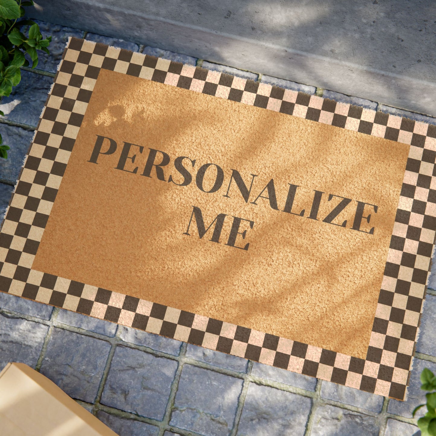 Personalized Doormat with Custom Text - Checkered Frame Design for Home Entry