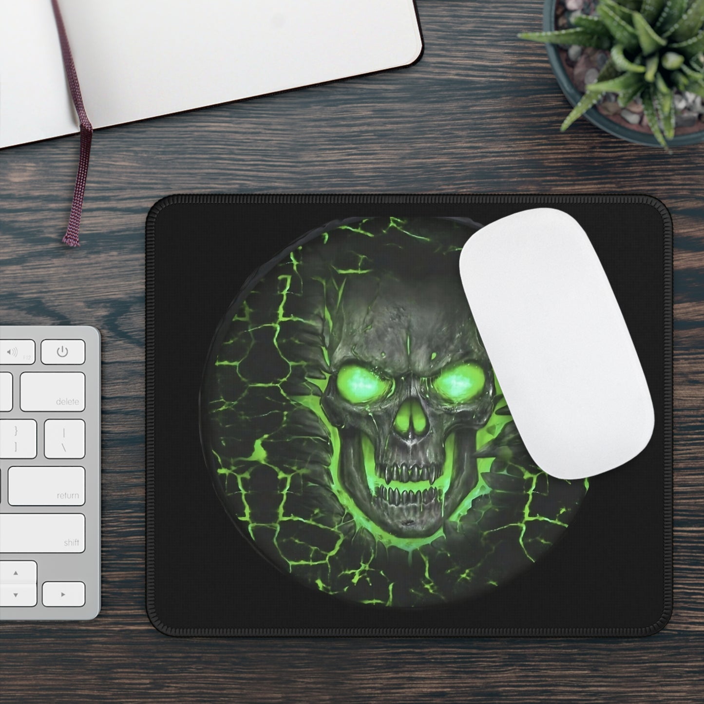 Green Skull Gaming Mouse Pad with Ghastly Ghost Design, Gaming Desk Decor