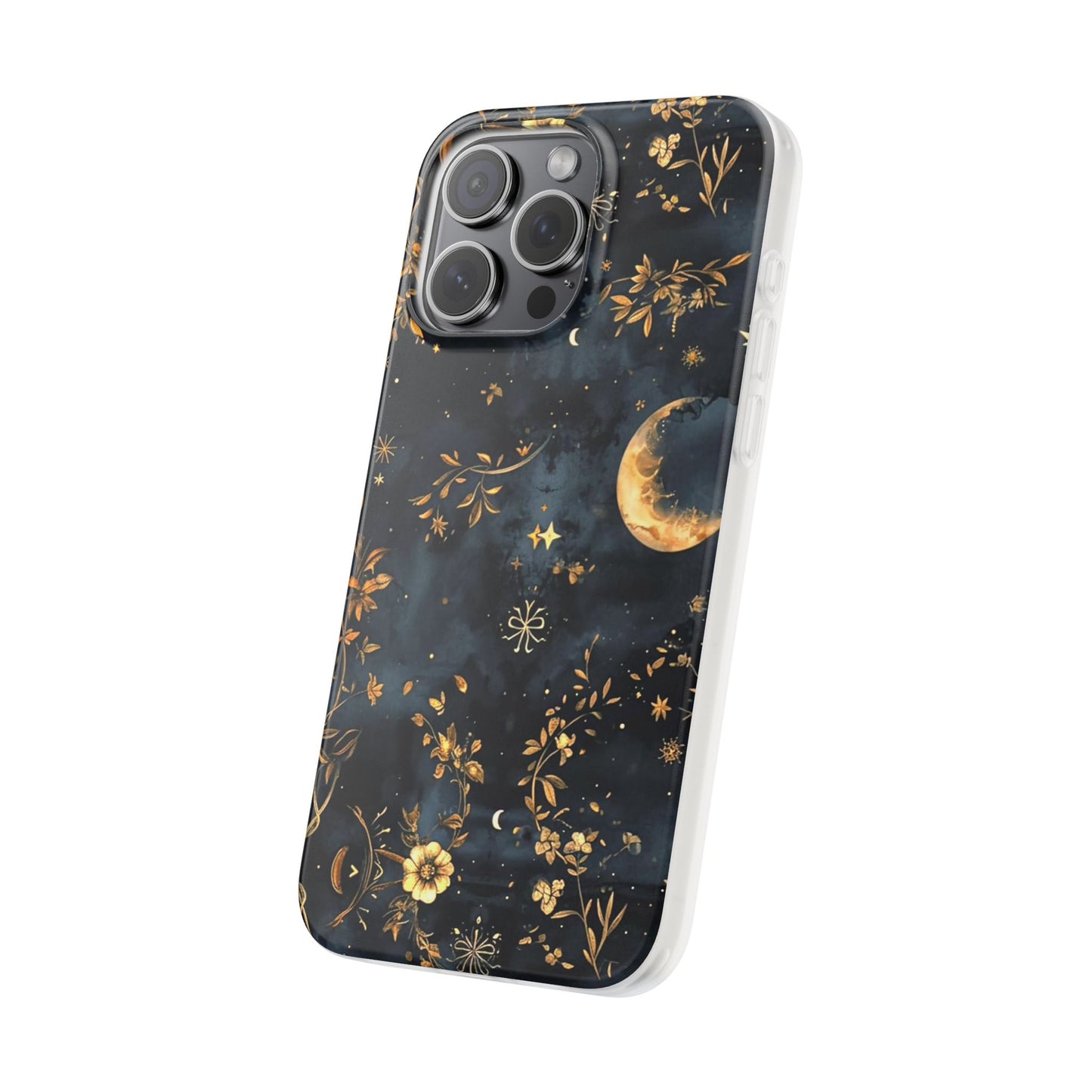 Moon And Flowers On Navy TPU Flexi Cases For iPhones and Samsung Galaxy
