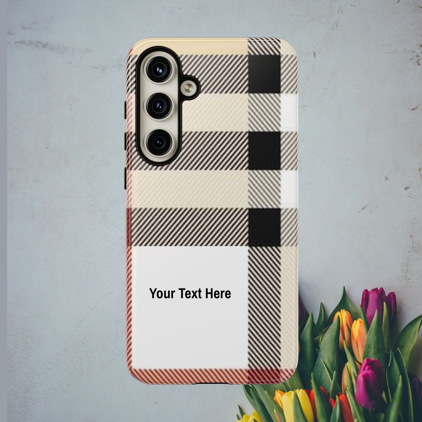 Beige Plaid Personalized Name/Initial Tough Cases For iPhones, Galaxy And Google Pixel