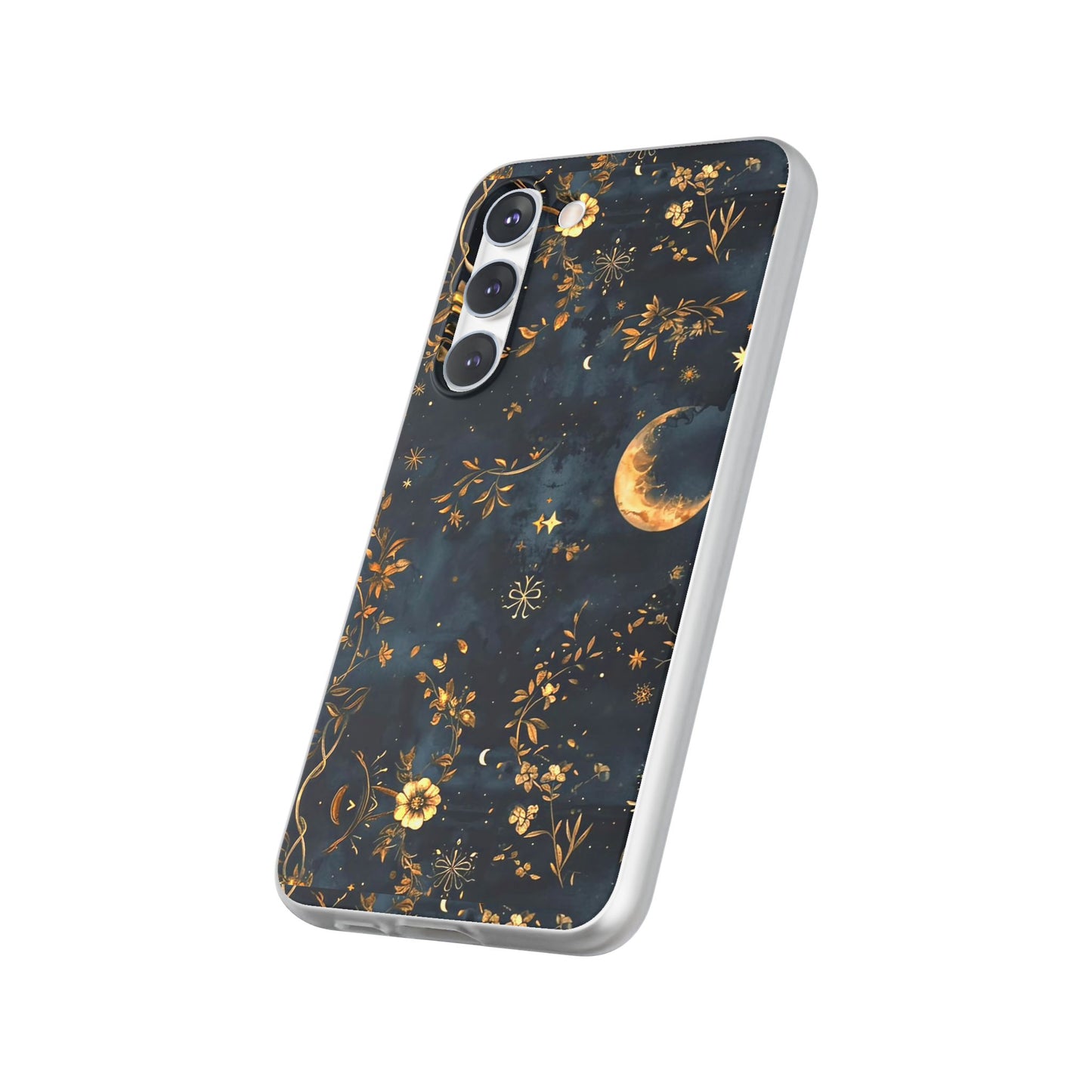 Moon And Flowers On Navy TPU Flexi Cases For iPhones and Samsung Galaxy