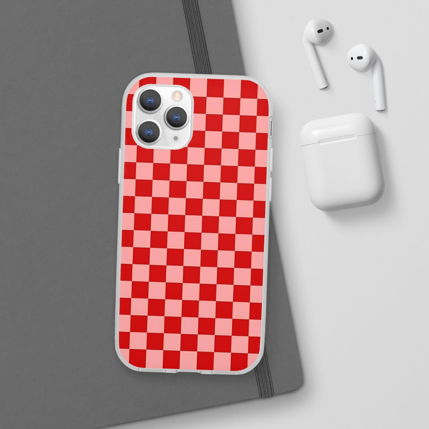 Red Checkerboard TPU Soft Flexi Phone Case — Retro Red & Pink Plaid Protective Cover