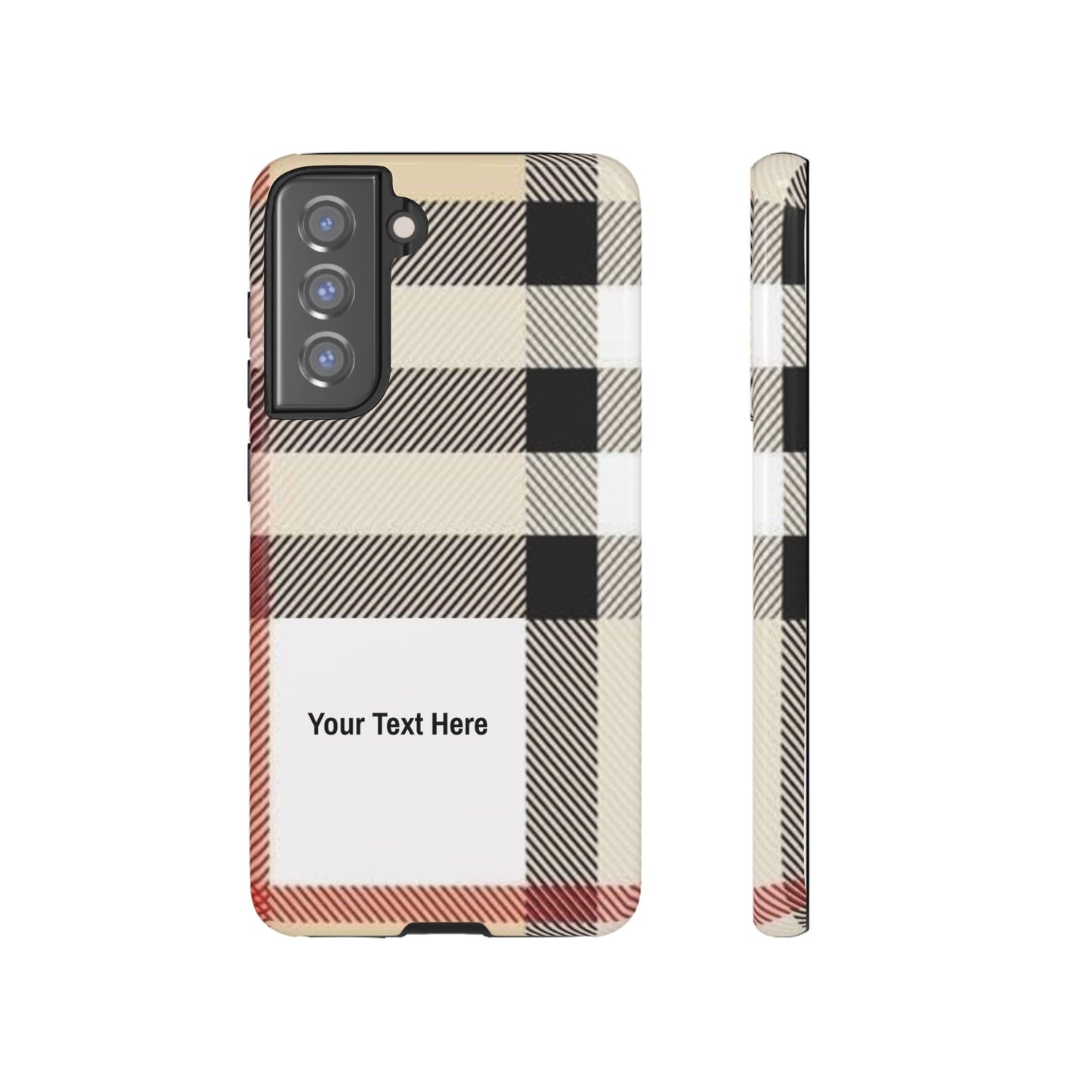 Beige Plaid Personalized Name/Initial Tough Cases For iPhones, Galaxy And Google Pixel