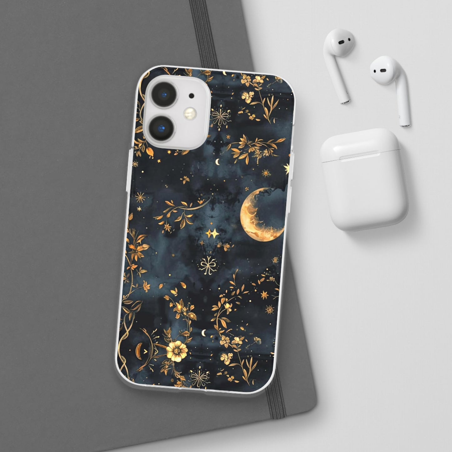 Moon And Flowers On Navy TPU Flexi Cases For iPhones and Samsung Galaxy