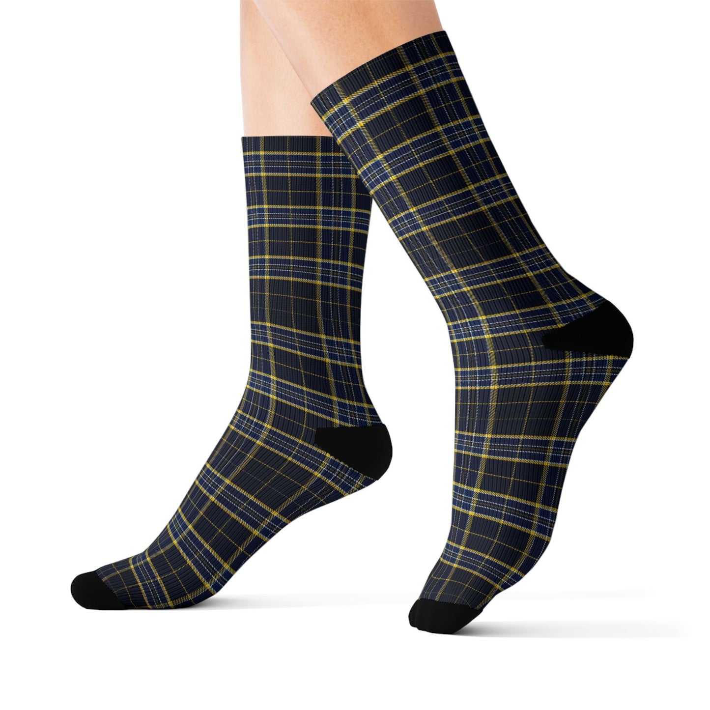 Navy Yellow Plaid Sublimation Socks | Tartan Pattern Crew Socks