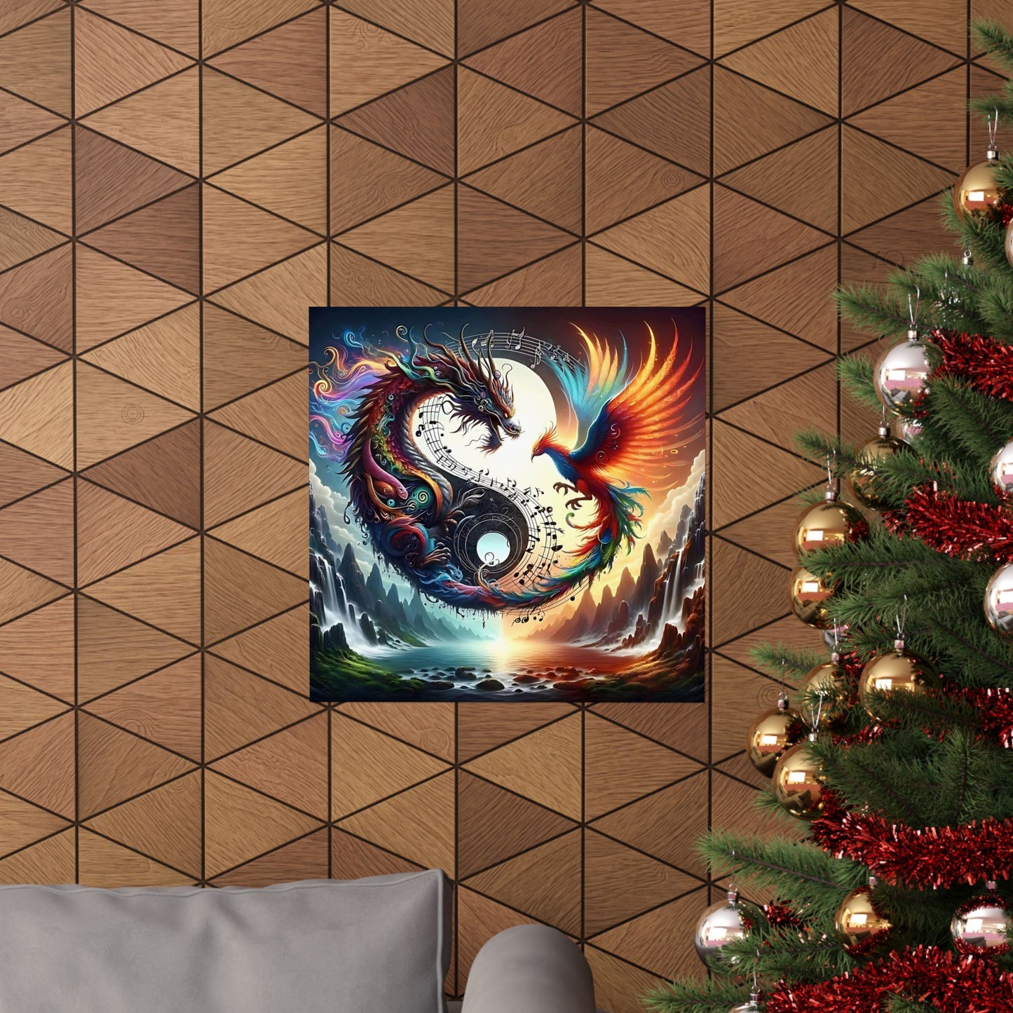 Dragon And Phoenix Ying And Yang Matte Vertical Posters Music Notes Design