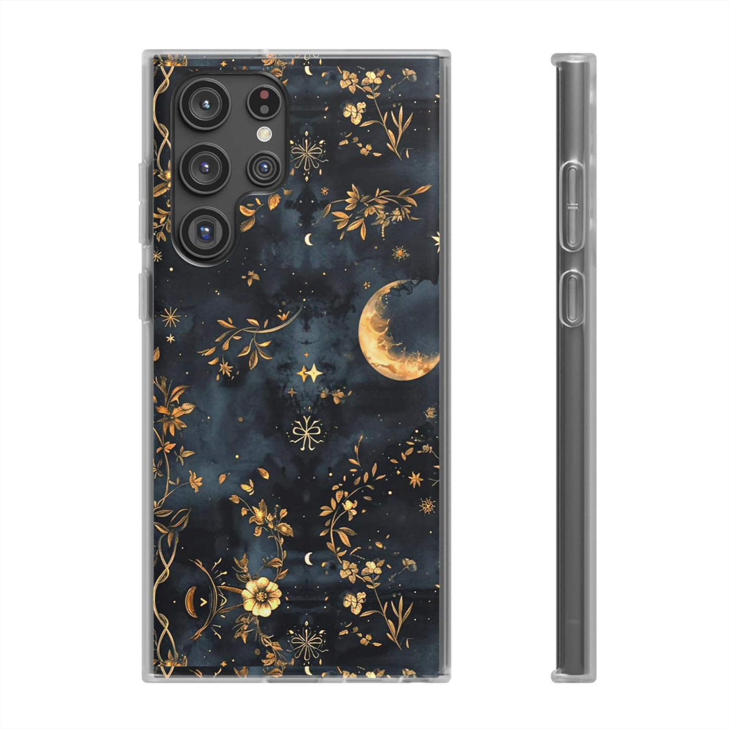 Moon And Flowers On Navy TPU Flexi Cases For iPhones and Samsung Galaxy