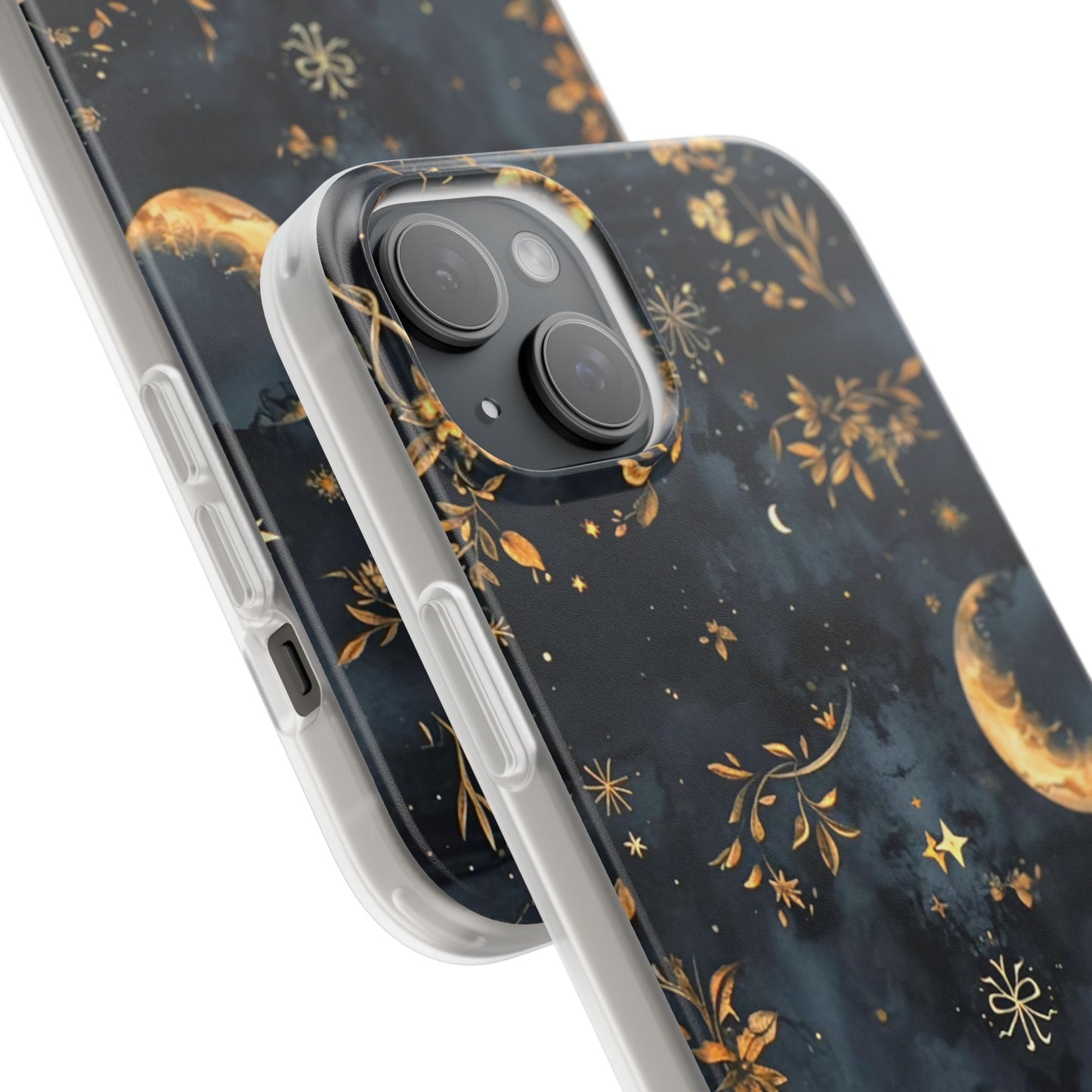 Moon And Flowers On Navy TPU Flexi Cases For iPhones and Samsung Galaxy